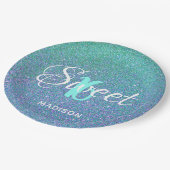 Elegant Sweet 16 Aquamarin Blue Glitzer Personalis Pappteller (Schrägansicht)