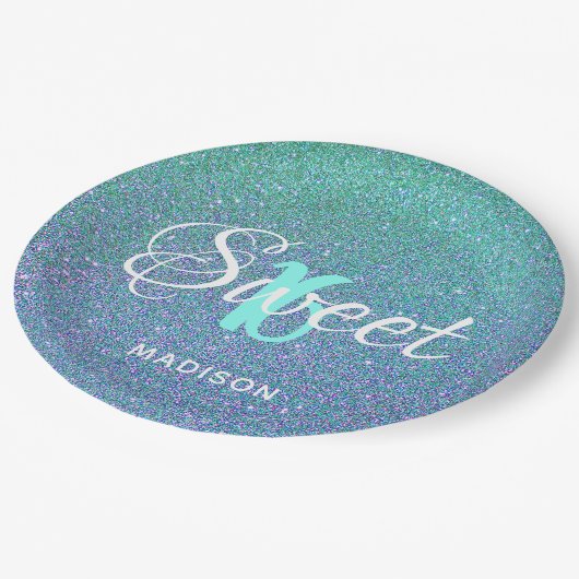 Elegant Sweet 16 Aquamarin Blue Glitzer Personalis Pappteller (Schrägansicht)
