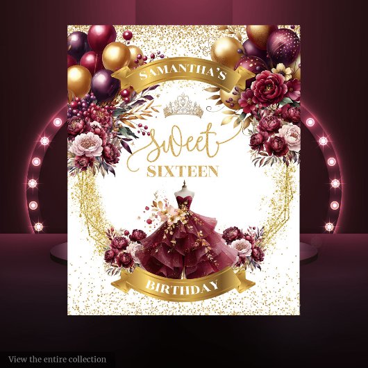 Elegant Sweet 16 Backdrop Burgundy Kleid Balloons Wandteppich