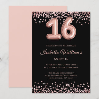 Elegant Sweet 16 Birthday Balloon Black Glitzer Einladung