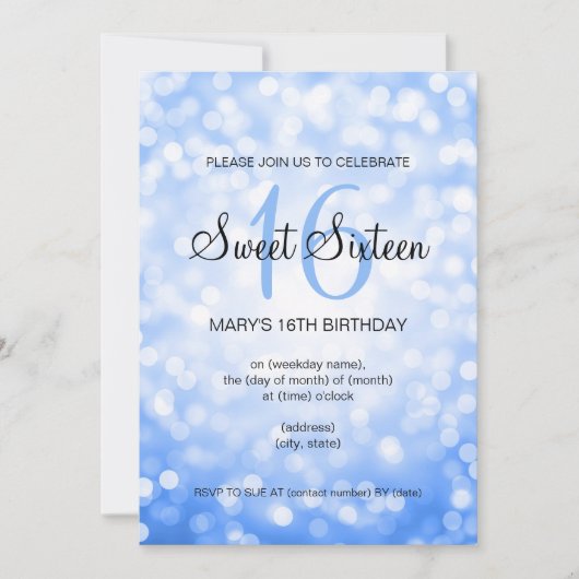 Elegant Sweet 16 Birthday Blue Glitzer Lights Einladung (Vorderseite)