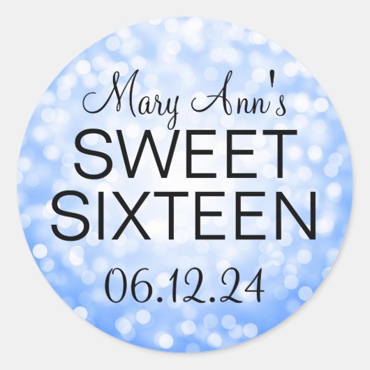Elegant Sweet 16 Birthday Blue Glitzer Lights Runder Aufkleber (Vorderseite)