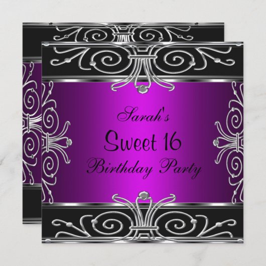 Elegant Sweet 16 Birthday Magenta Black Silver Einladung (Vorne/Hinten)