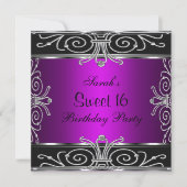 Elegant Sweet 16 Birthday Magenta Black Silver Einladung (Vorderseite)