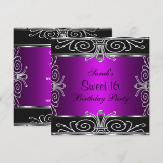 Elegant Sweet 16 Birthday Magenta Black Silver Einladung