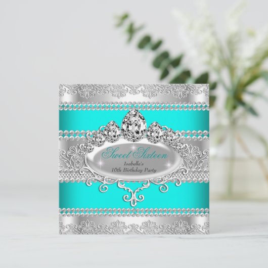 Elegant Sweet 16 Birthday Princess Aquamarin Blue Einladung (Stehend Vorderseite)