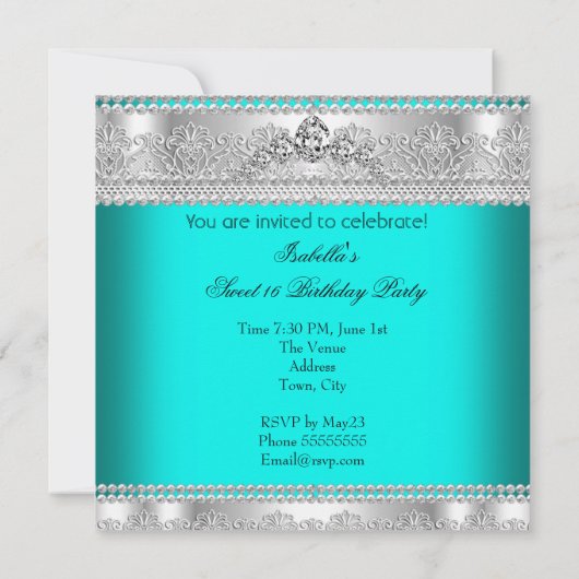 Elegant Sweet 16 Birthday Princess Aquamarin Blue Einladung (Rückseite)