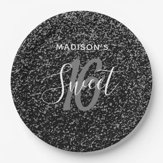 Elegant Sweet 16 Black Silver Speck Personalisiert Pappteller (Vorderseite)