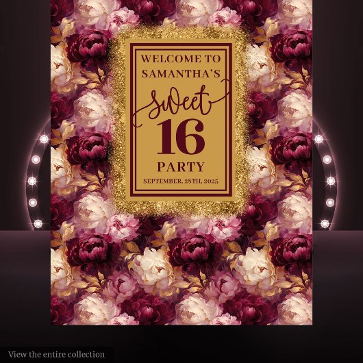 Elegant Sweet 16 Blush Burgundy Gold Party Backdro Wandteppich