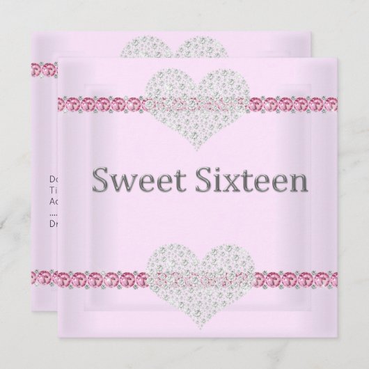 ELEGANT SWEET 16 Diamant Heart Pink Einladung (Vorne/Hinten)
