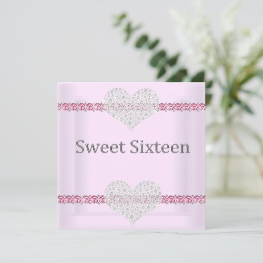 ELEGANT SWEET 16 Diamant Heart Pink Einladung (Stehend Vorderseite)