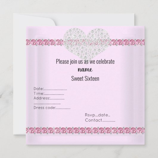 ELEGANT SWEET 16 Diamant Heart Pink Einladung (Rückseite)
