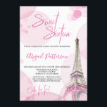 Elegant Sweet 16 Pink White Paris Geburtstag Einladung<br><div class="desc">Elegant Sweet 16 Einladungen in mädchenhaft rosa und weiß. Die Aquarell-Illustration des Pariser Eiffelturms hat rosa und goldene Highlights, gerahmt mit einer spielerischen Sprinklerei von rosa Buche. 16 . Geburtstag, Ooh la la! und der Name des Geburtstagsmädchens werden in rosa handschriftlich signiert, während die Einladungsdetails in schwarzer Großschreibung gedruckt sind....</div>