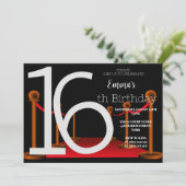 Elegant Sweet 16 Red Black Tepet Hollywood Einladung (Stehend Vorderseite)