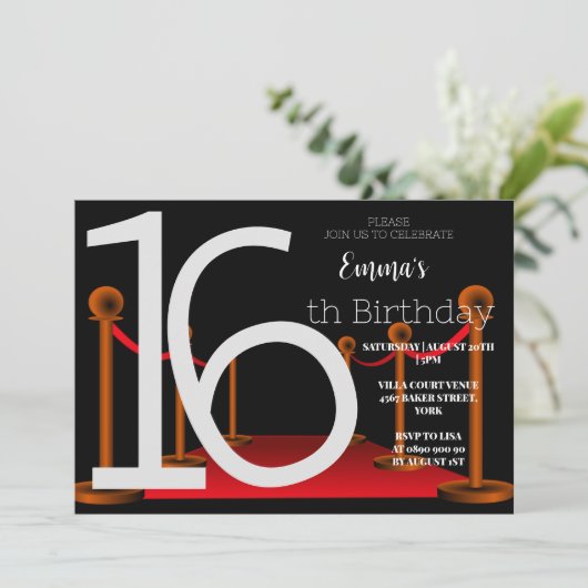 Elegant Sweet 16 Red Black Tepet Hollywood Einladung (Stehend Vorderseite)