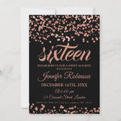 Elegant Sweet 16 Rose Gold & Black Foil Confetti Einladung (Vorderseite)