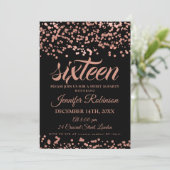 Elegant Sweet 16 Rose Gold & Black Foil Confetti Einladung (Stehend Vorderseite)
