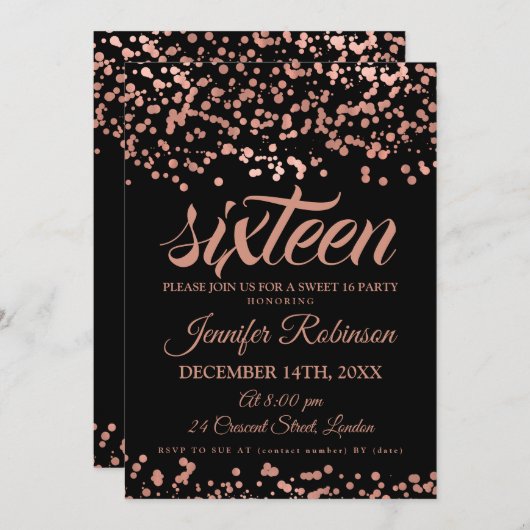 Elegant Sweet 16 Rose Gold & Black Foil Confetti Einladung (Vorne/Hinten)