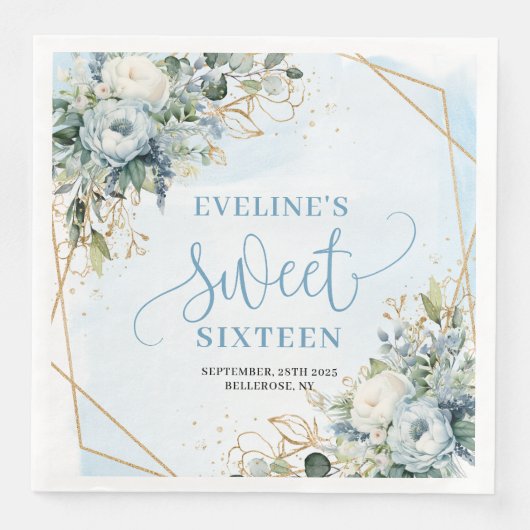 Elegant Sweet Sixteen 16 Dusty Blue Floral Party Serviette (Vorderseite)