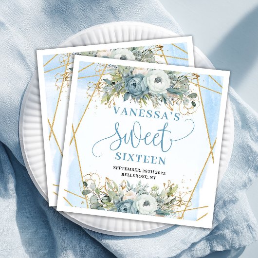 Elegant Sweet Sixteen Blue Floral Gold Frame Serviette