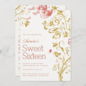 Elegant Sweet Sixteen Invitation | Gold Floral & P Einladung (Vorne/Hinten)