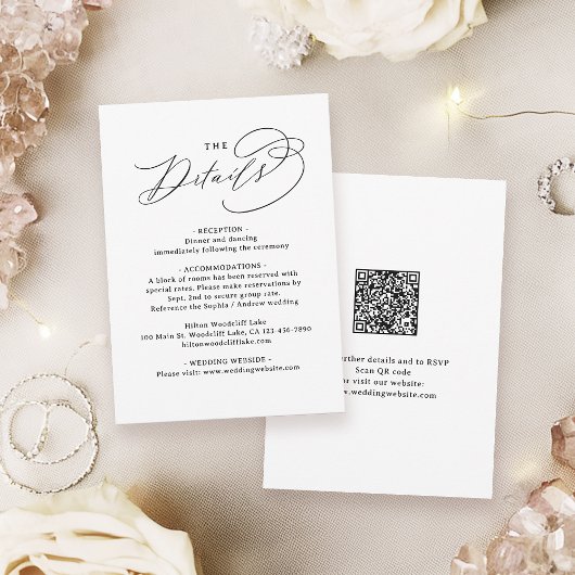 Elegant Swirl Script QR Code Wedding Details Mitteilungskarte