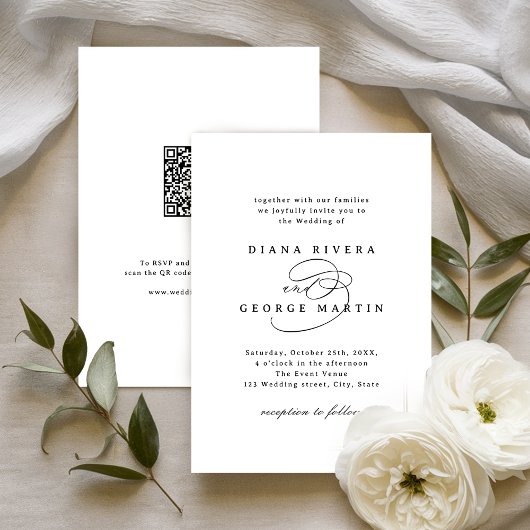Elegant Swirl Script Simple QR code Wedding Einladung