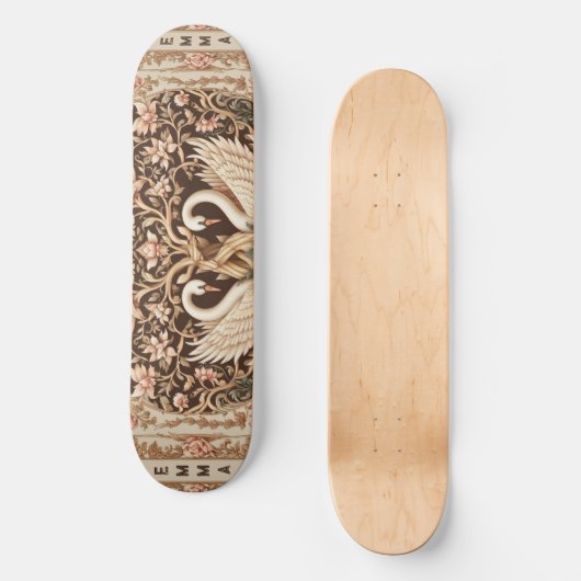 Elegant Symmetry Swan Couple Art Deco Floral Motif Skateboard (Vorderseite)