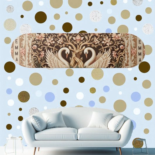 Elegant Symmetry Swan Couple Art Deco Floral Motif Skateboard