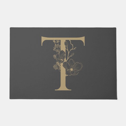 Elegant T Boho Floral Monogram Initial Gray Gold Fußmatte (Vorderseite)