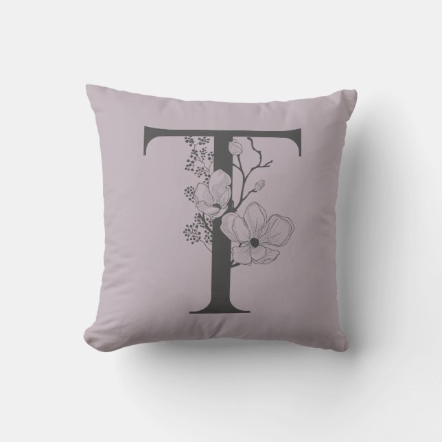 Elegant T Boho Floral Monogram Initial Lilac Gray Kissen (Vorderseite)