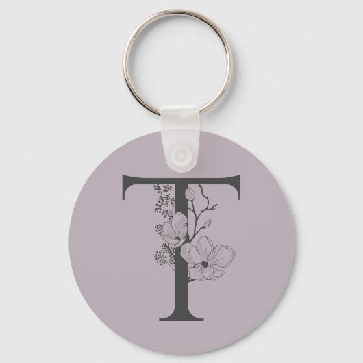 Elegant T Boho Floral Monogram Initial Lilac Gray Schlüsselanhänger (Vorderseite)