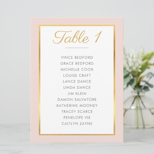 ELEGANT TABLE NUMBER Seating Chart blush pink gold Einladung (Stehend Vorderseite)