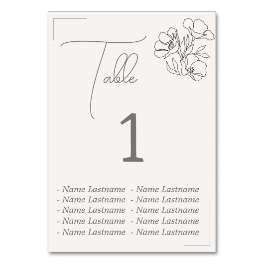 Elegant Table number with names, sitting. Tischnummer (Vorderseite)