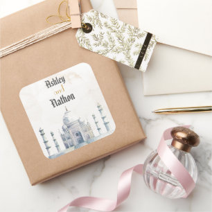 Elegant Taj Mahal Typology Watercolor Wedding Quadratischer Aufkleber