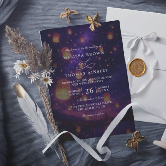 Elegant Tangled Lanterns Budget QR Code Wedding Einladung