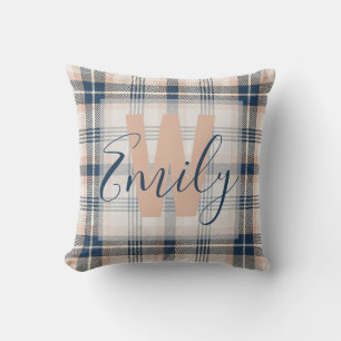 Elegant Tartan Blue Cream Monogram Kissen