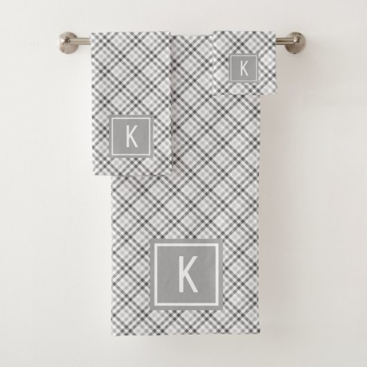 Elegant Tartan Gray White Mit Monogramm Badhandtuch Set (Insitu)