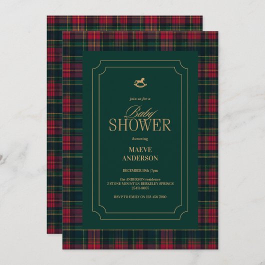 Elegant Tartan Plaid Baby Shower winter red Green Einladung (Vorne/Hinten)