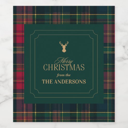 Elegant Tartan Plaid Merry Christmas Family Name Weinetikett (Einzelnes Label)