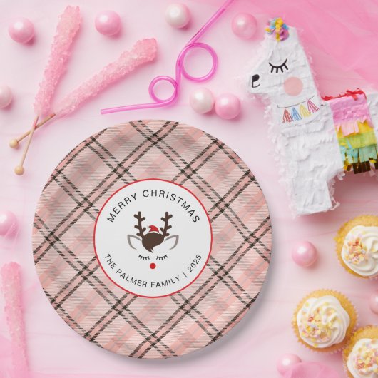 Elegant Tartan Plaid & Reindeer Christmas Family Pappteller (Party)