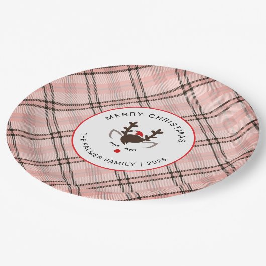 Elegant Tartan Plaid & Reindeer Christmas Family Pappteller (Schrägansicht)