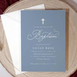 Elegant Taufe Script Cross Dusty Blue Einladung