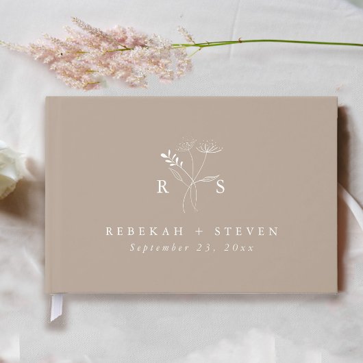 Elegant Taupe | Botanische Floral Monogramm Hochze Gästebuch