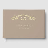 Elegant Taupe botanisches Wappen Monogramm Hochzei Gästebuch (Vorderseite)