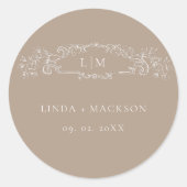 Elegant Taupe botanisches Wappen Monogramm Hochzei Runder Aufkleber (Vorderseite)