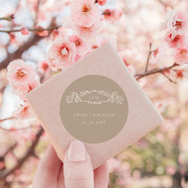 Elegant Taupe botanisches Wappen Monogramm Hochzei Runder Aufkleber