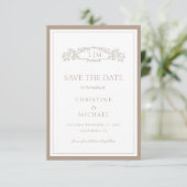 Elegant Taupe botanisches Wappen Monogramm Hochzei Save The Date (Stehend Vorderseite)