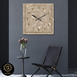 Elegant Taupe Brown Botanicals Wall Clock Quadratische Wanduhr