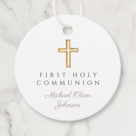 Elegant Taupe Cross Boy Erste Kommunalrunde Geschenkanhänger (Vorderseite)